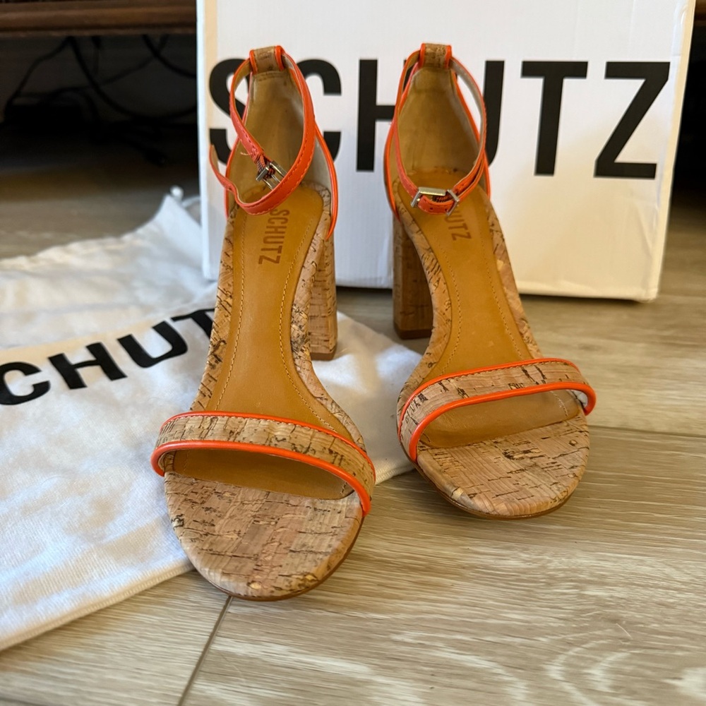 NEW SCHUTZ Cadey Lee Block Casual High Heel Orange Cork Shoes Sandal Strappy 7
